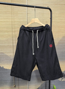 25D3B2中国风黑色亚麻短裤夏季刺绣复古风中裤宽松休闲六分大裤衩