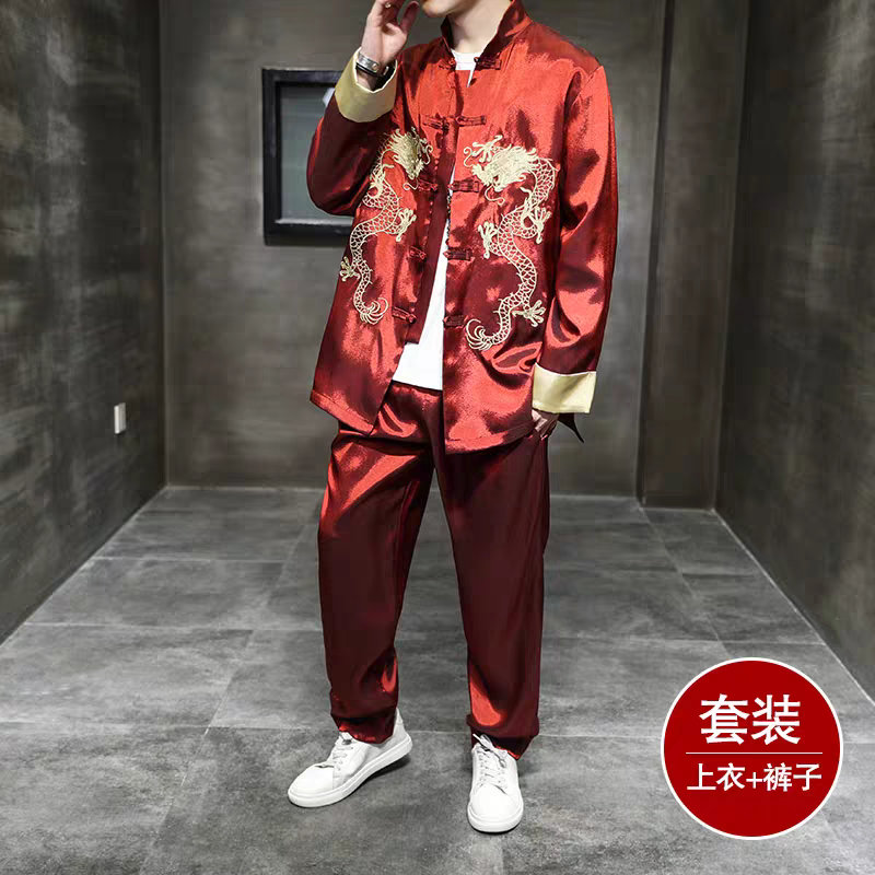 24B8C3中国风龙纹刺绣唐装汉服两件套男士宽松大码复古中山装套装