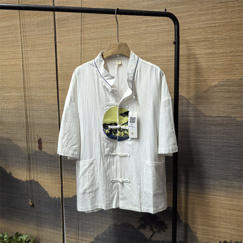 26B9A2中国风棉麻男衬衫复古风唐装夏季中式立领中山装半袖上衣服 - 实物图