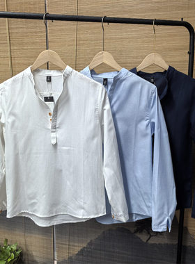 26C5C1新中式男士亚麻长袖立领衬衫春夏季休闲百搭修身时尚上衣服