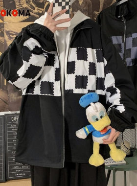 25B2B6美式复古棋盘格夹克春秋情侣潮牌嘻哈宽松休闲痞帅拼色外套