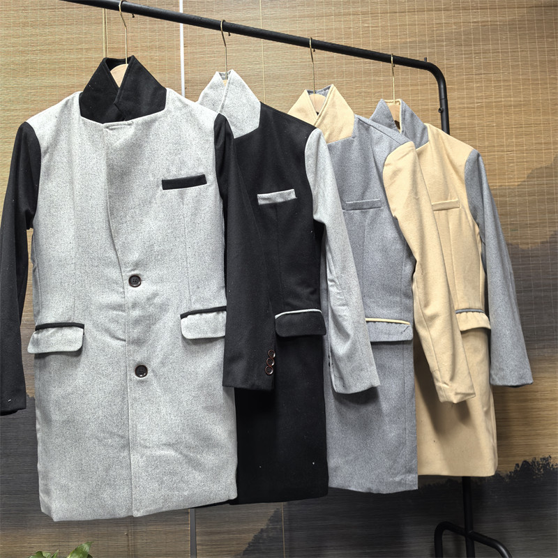 拼色中长款毛呢风衣呢子大衣外套