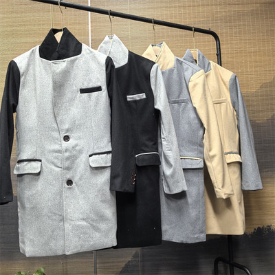 拼色中长款毛呢风衣呢子大衣外套