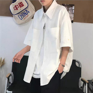 C007港风潮流棉麻特宽松雏菊刺绣短袖衬衫夏季加肥薄外套情侣衬衣