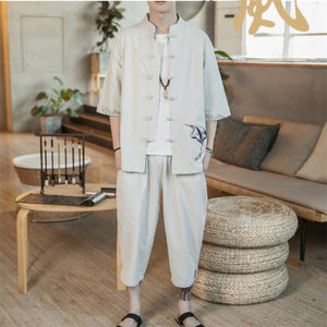 唐装男青年夏季中国风棉麻套装潮流复古风刺绣盘扣开衫汉服两件套