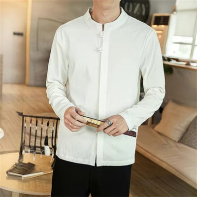 复古棉麻盘扣立领长袖衬衫