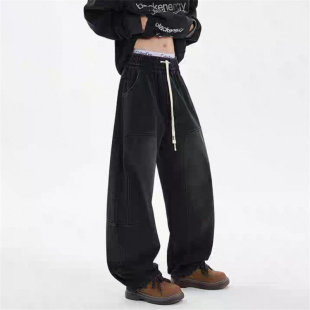 8542无弹力阔腿裤美式洗水高街宽松牛仔裤新款潮流休闲复古直筒裤