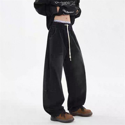 8542无弹力阔腿裤美式洗水高街宽松牛仔裤新款潮流休闲复古直筒裤