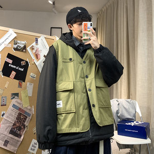 秋冬季假两件马甲连帽棉衣港风情侣宽松加大工装棉服潮男棉袄外套