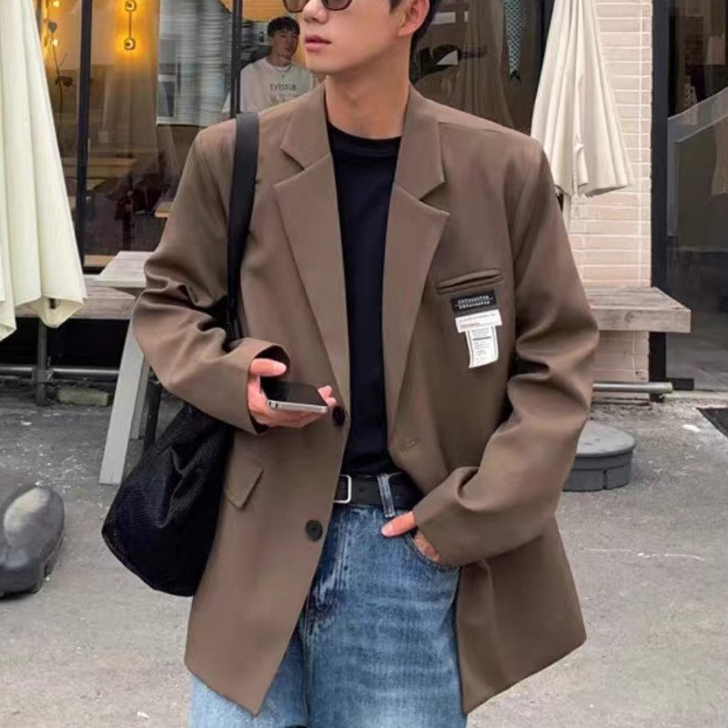 港风ins贴标西装外套休闲西服潮