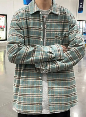 25A11C2港风情侣格子磨毛棉衬衫大码百搭休闲翻领长袖衬衣外套潮
