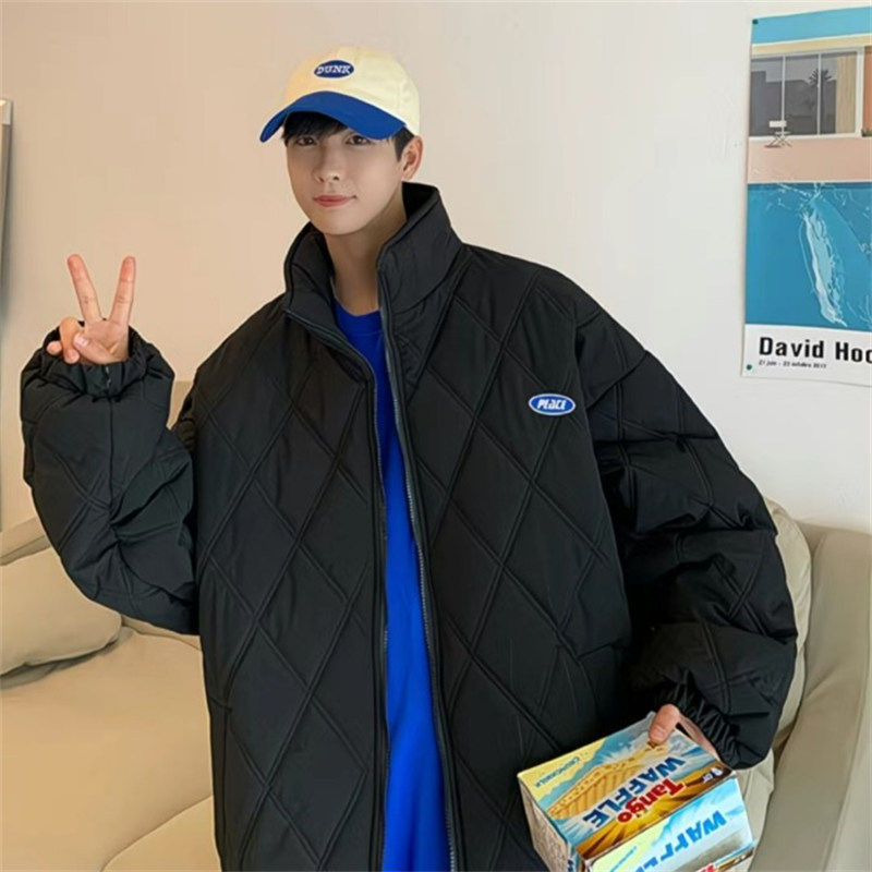 M808秋冬季菱形立领薄款棉服港风情侣潮牌棉衣复古风休闲棉袄外套