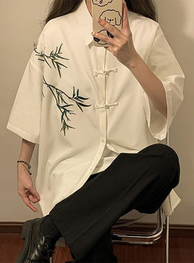 26B10C1新中式国风刺绣短袖衬衫中国风男女新款夏季防晒盘扣衬衣