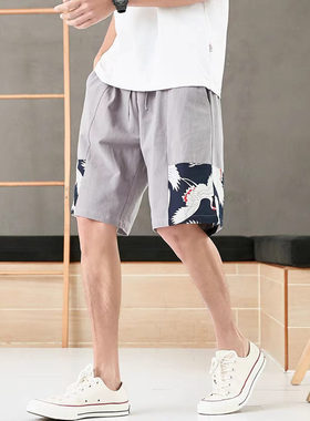 24C10D1短裤男夏季中国风仙鹤印花五分裤潮流透气棉麻休闲直筒裤