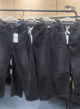 新款阔腿牛仔裤宽松高街做旧裤子休闲美式ins复古黑色直筒长裤子