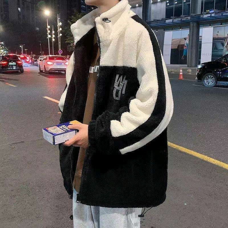 25C5A2冬季潮牌撞色毛绒外套立领痞帅时尚潮流情侣款加厚休闲棉服