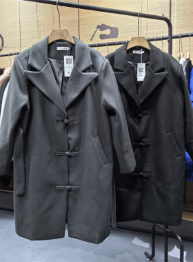 25B4A3中国风中长款呢料风衣男外套复古风盘扣新中式休闲唐装大衣