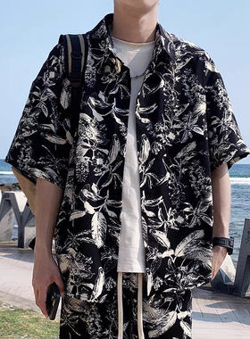 海边沙滩度假休闲垂感半袖花衬衣