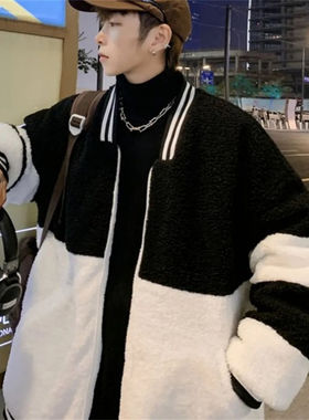 25B2C7秋冬拼接撞色羊羔毛外套港风情侣情侣新款美式拉链棒球棉服