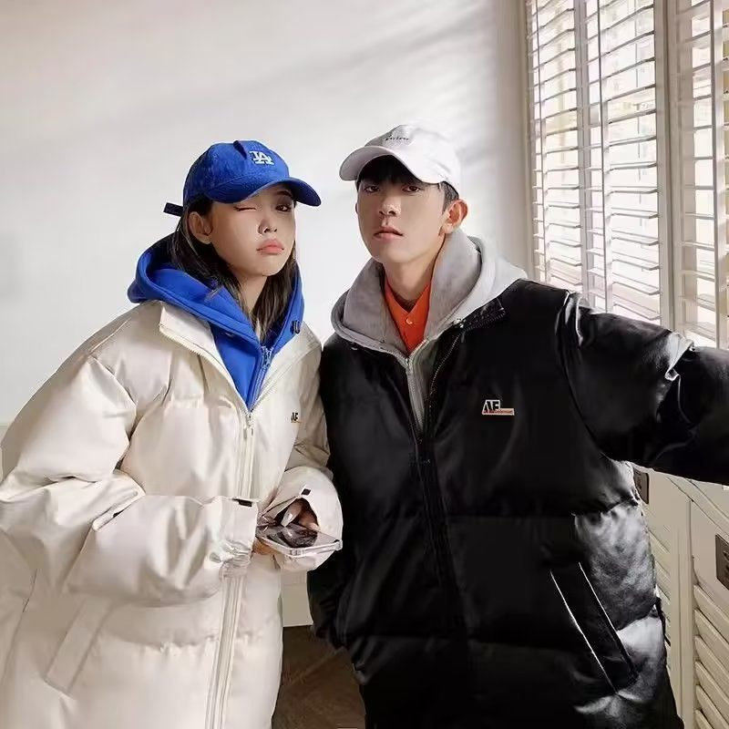 25C9B4港风假两件连帽棉服外套冬季青少年PU皮棉衣宽松保暖棉袄子