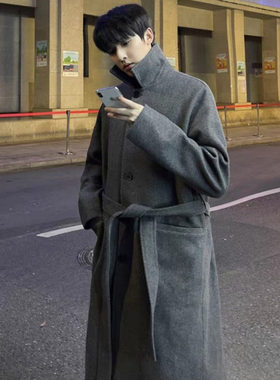 25C7C6时尚毛呢大衣秋冬季新款过膝长款英伦痞帅宽松休闲风衣外套