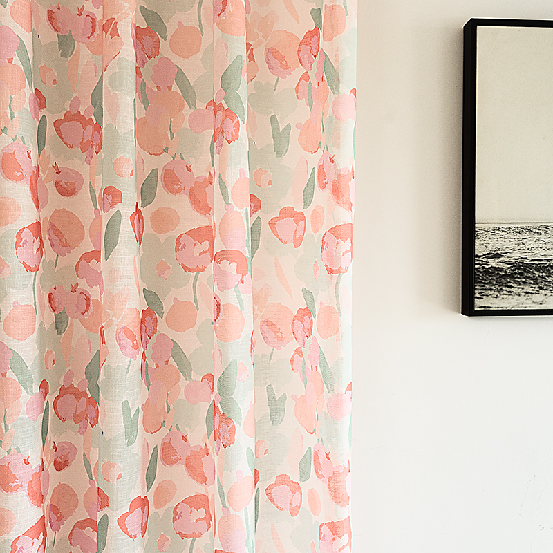 清新马卡龙色彩印花ins奶油现代客厅卧室透光不透人棉麻窗纱定制