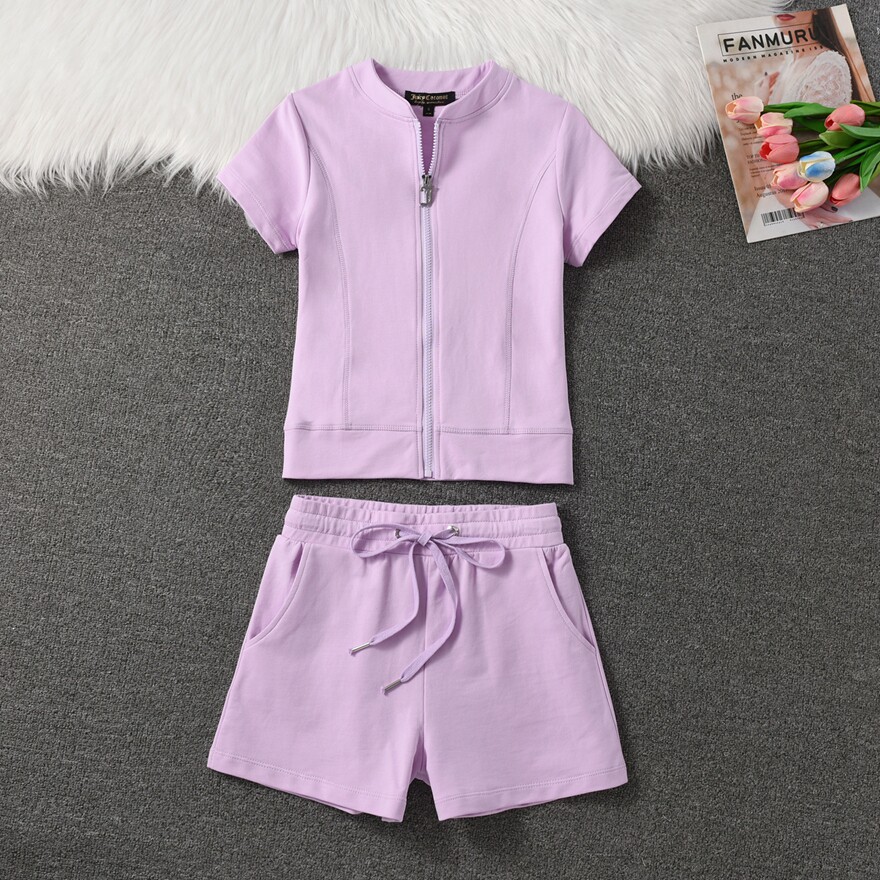 韩夏季纯棉连帽休闲运动服套装女士短袖短裤修身拉链卫衣纯色立领