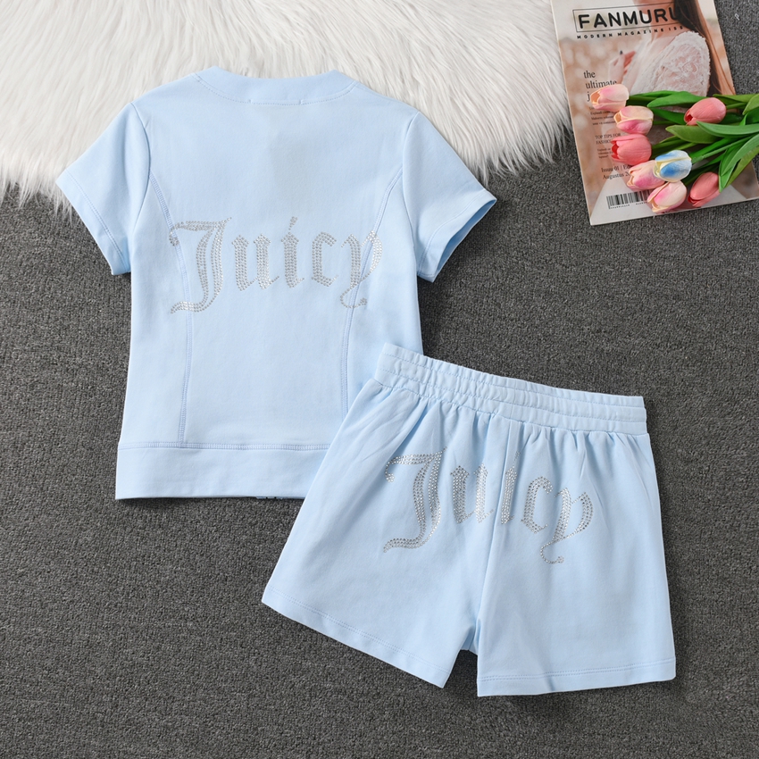 韩夏季纯棉连帽休闲运动服套装女士短袖短裤修身拉链卫衣带钻