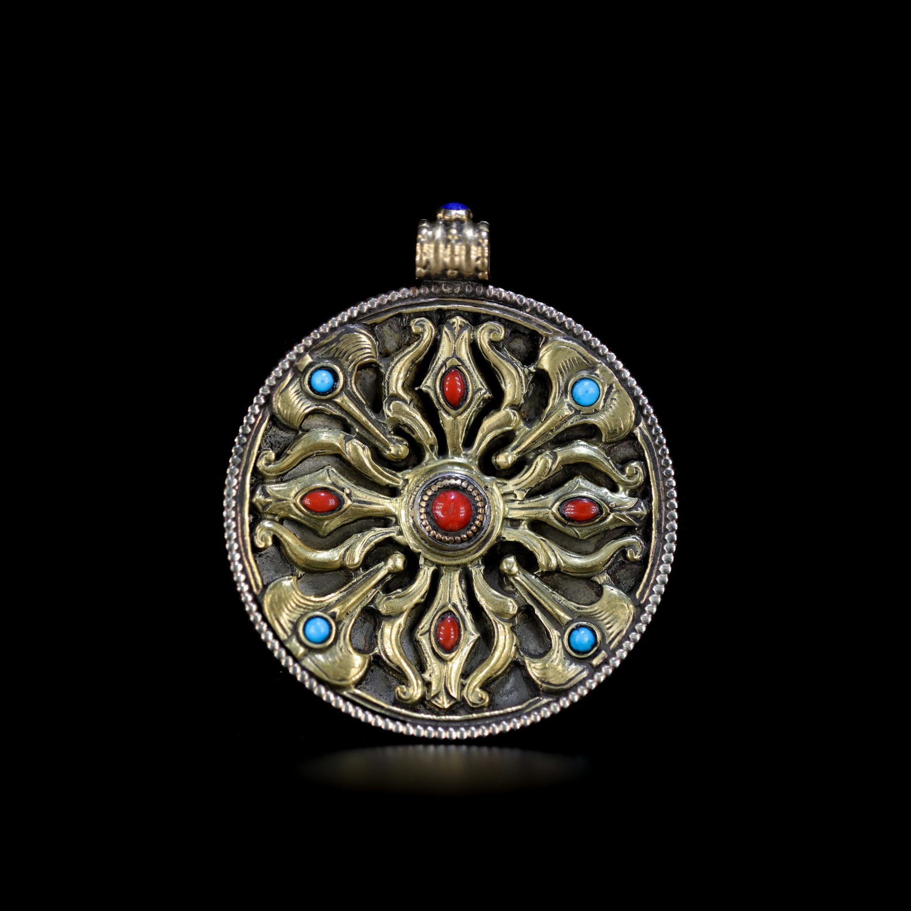 尼泊尔铜鎏银镶嵌宝石十字金刚杵佛牌挂饰2