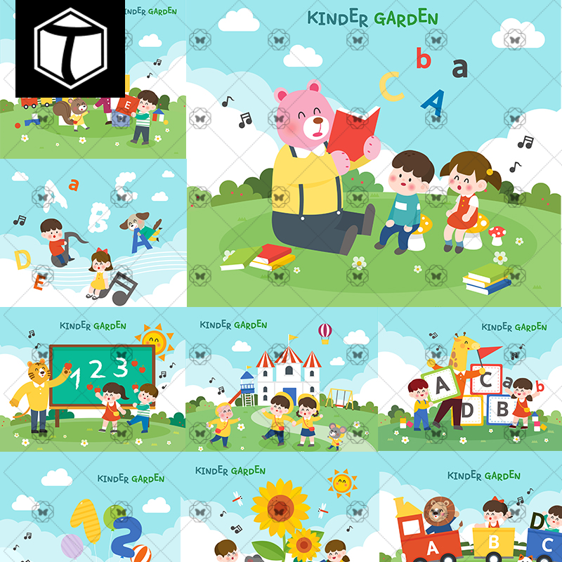 手绘卡通儿童英语数学幼儿园学习教育场景插画海报ai矢量设计素材