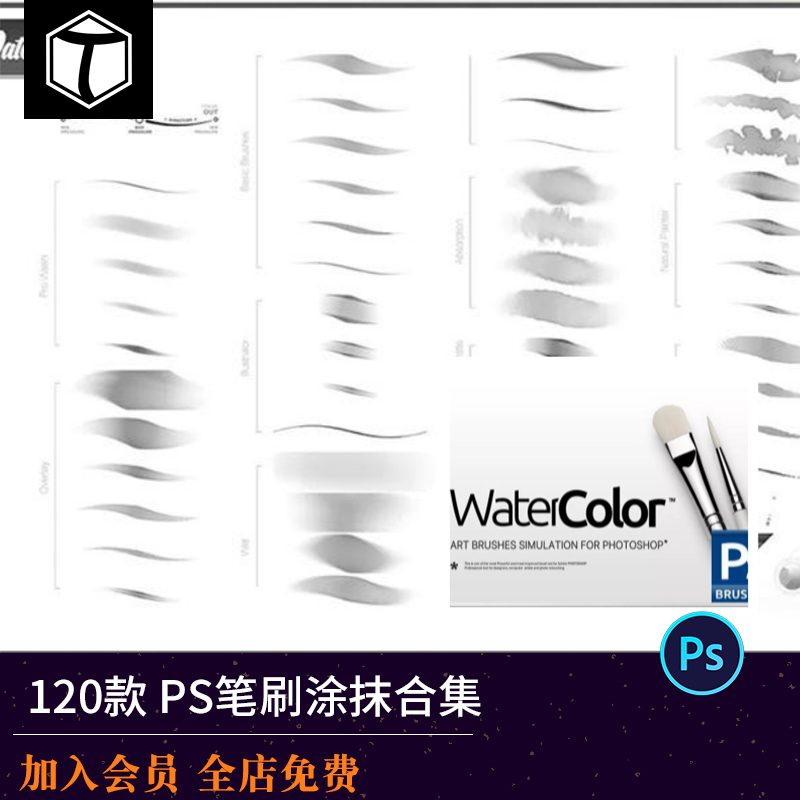 手绘插画水彩水磨PS笔刷厚涂纹理cg原插涂抹橡皮擦工具预设插件