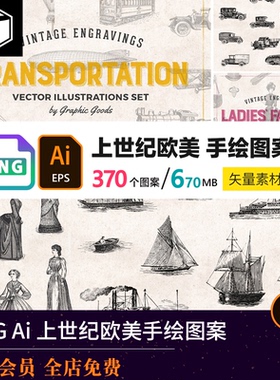欧美蒸汽时代复古手绘图案服饰汽车马车飞机轮船火车乐器服饰AI