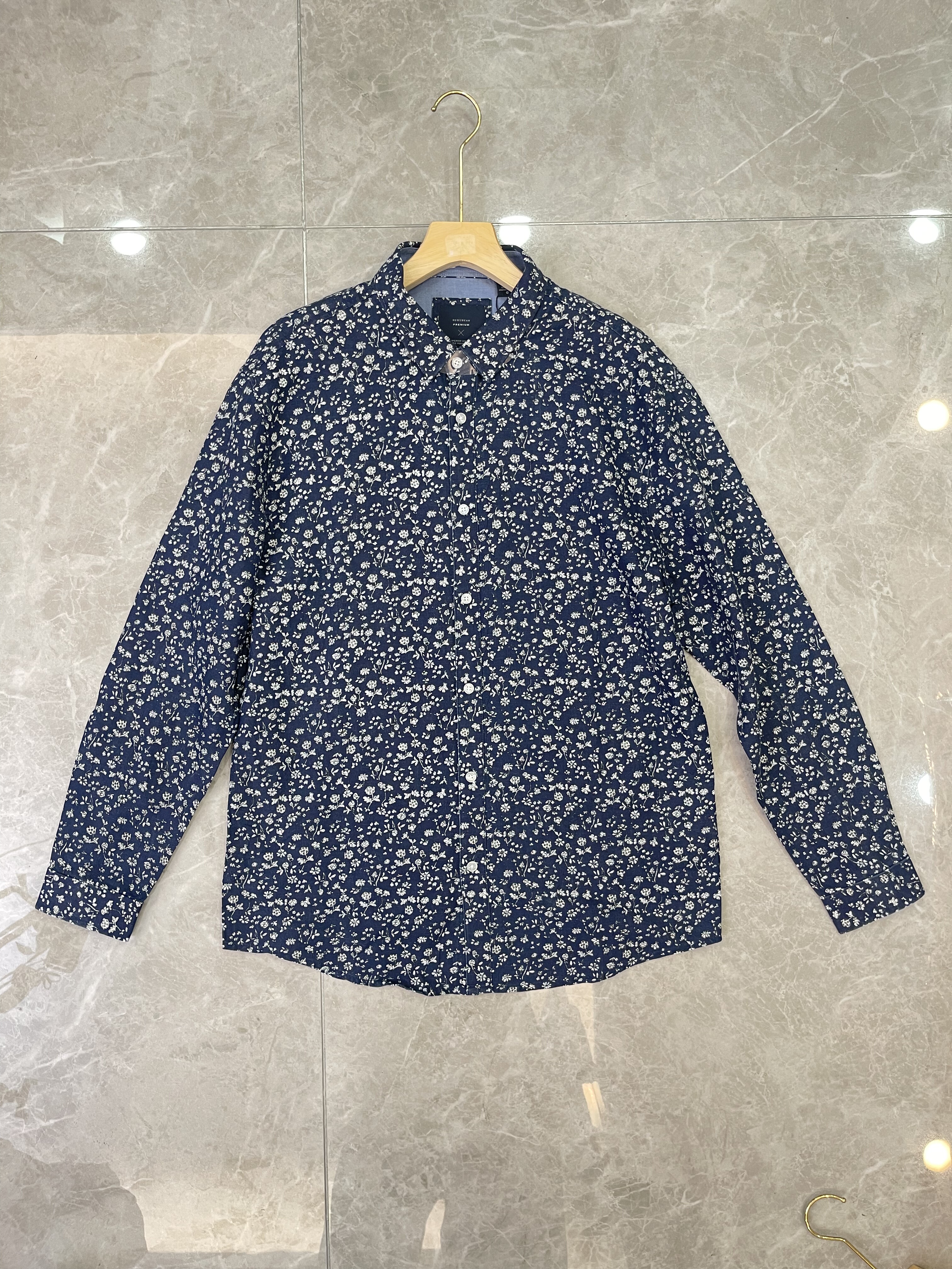 商务男高品质衬衣【格里～】设计复古小碎花蓝色翻领棉麻长袖衬衫