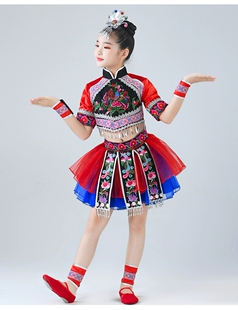 2025新款儿童苗娃娃舞蹈演出服装少数民族彝族蓬蓬纱裙土家族服