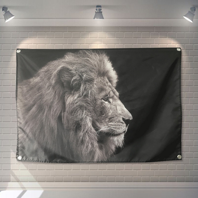 美式工业风黑白狮子墙面装饰挂旗酒吧房间客厅床头工作室背景挂布