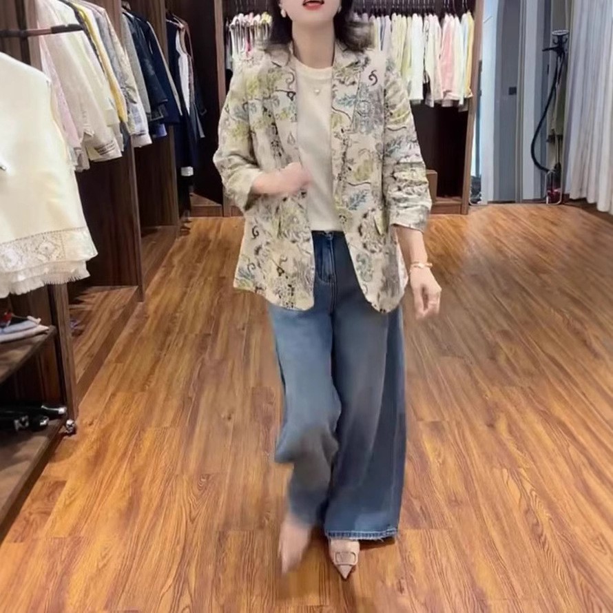 法国chrry koop春季新老钱风印花西服外套宽松牛仔裤显瘦女