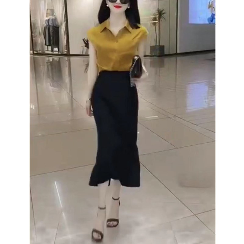 法国chrry koop夏季新款翻领净版衬衫高腰修身半身长裙女装