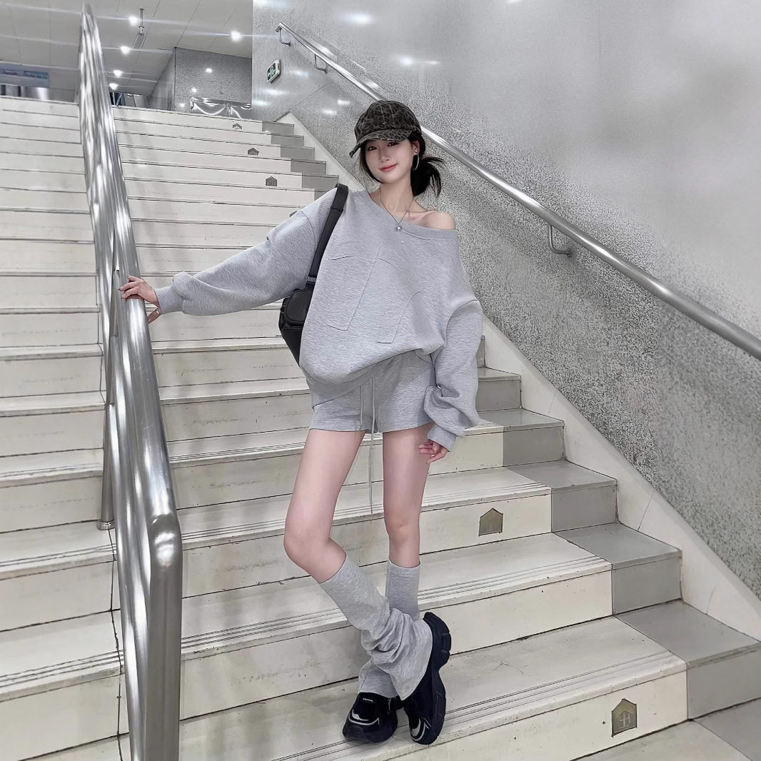 法国cherrykoko美式慵懒风灰色休闲运动套装女秋新款高级感卫衣