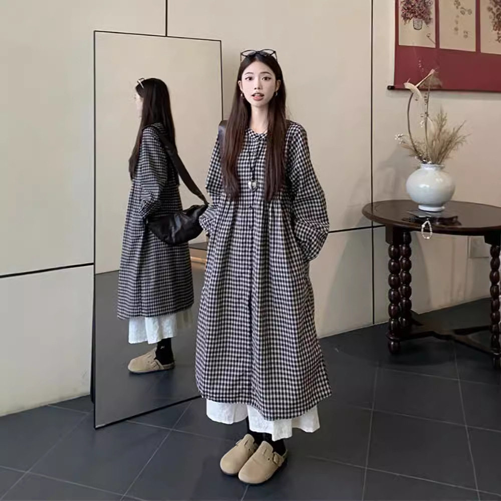 法国CherryKoko慵懒风复古格子叠穿长款长袖衬衫提花半身裙女