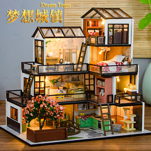 diy小屋迷你梦想城镇手工木质建筑拼装玩具房子模型别墅生日礼物
