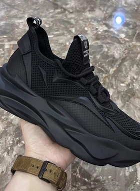 男鞋夏季透气飞织网面运动休闲黑色男款网鞋百搭跑步增高老爹潮鞋