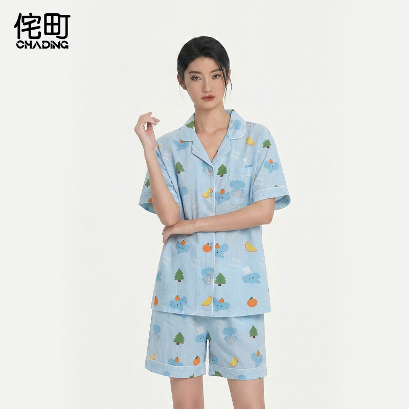侘町2026春夏新款蓝色GOOD大象纯棉睡衣女款短袖套装可外穿家居服