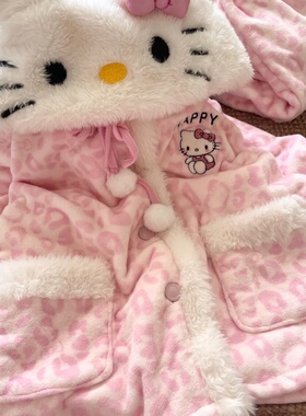 侘町粉色豹纹Kitty2025新款法兰绒冬季睡衣女加绒加厚家居服套装