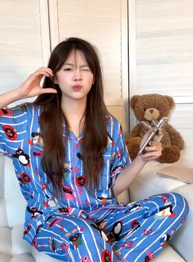侘町音乐pingu纯棉睡衣女2025新款夏季短袖长裤可外穿家居服套装