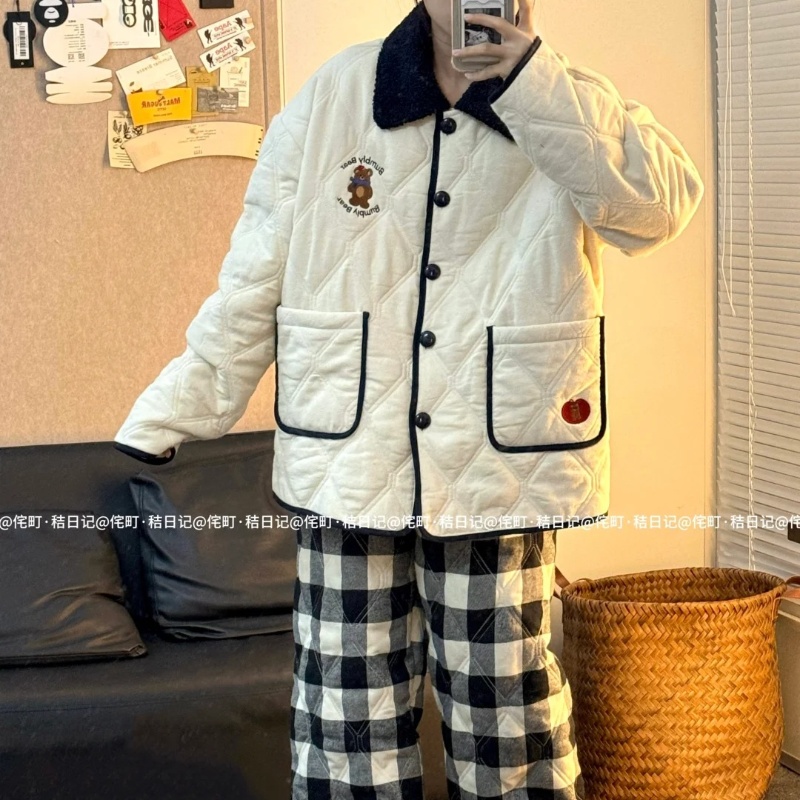 侘町2024新款黑白格小熊三层夹棉女秋冬款加绒加厚睡衣家居服冬季