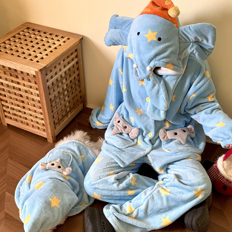 侘町2025新款笨笨大象法兰绒冬季睡衣女加厚可外穿休闲家居服套装