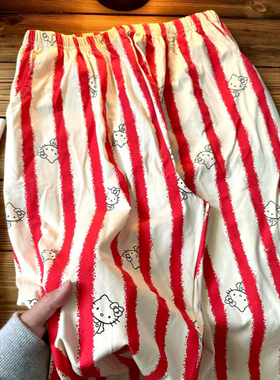 侘町2025年新款红条纹kitty纯棉可爱睡裤女卡通春秋款长裤家居裤