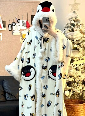 侘町冬季睡衣女企鹅pingu法兰绒秋冬加绒加厚斗篷睡袍家居服套装