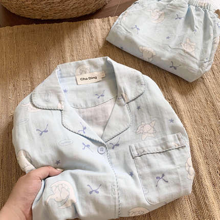侘町2025年新款baby蓝月亮小象纯棉短袖睡衣夏天季卡通家居服套装