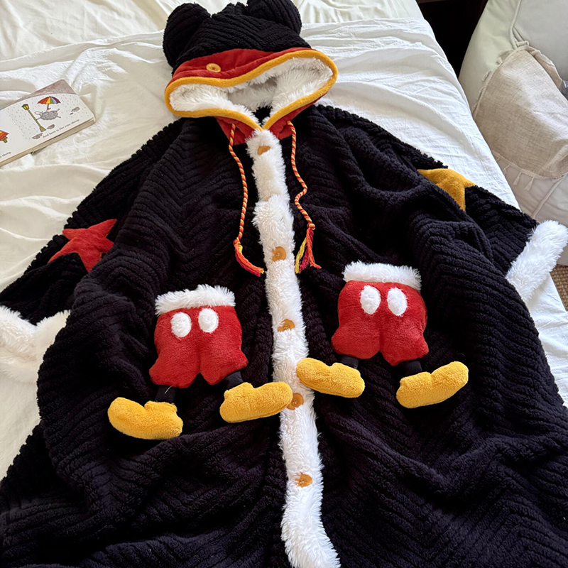 侘町2025新款米奇提花舒棉绒保暖睡袍女秋冬可外穿家居服斗篷睡衣